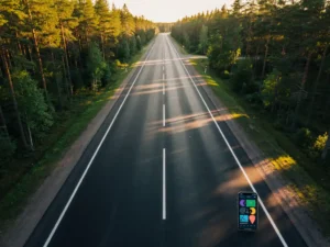 Suomalainen asfalttitie ulottuu horisonttiin, ympärillä tiheitä mäntymetsiä, älypuhelin tien reunalla näyttää ylläpitotietoja