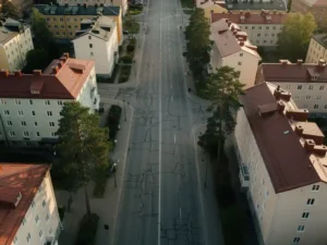 Sileä asfalttitie kulkee suomalaisen kaupungin halki, ympärillä punakattoisia rakennuksia ja vihreitä mäntyjä