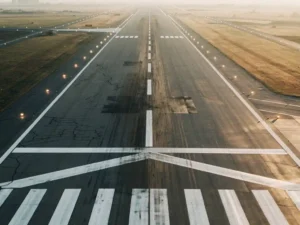 Lentokentän kiitotie ylhäältä kuvattuna kultaisessa aamuvalossa, valkoiset keskiviivamerkinnät ja reunavalaisimet