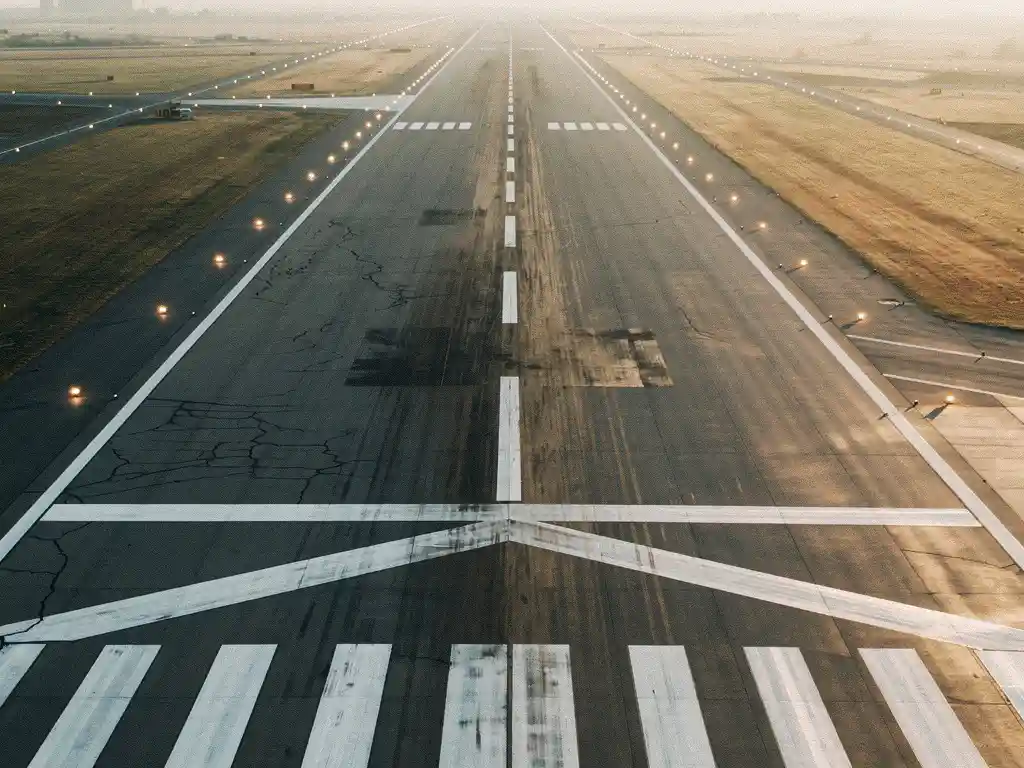 Lentokentän kiitotie ylhäältä kuvattuna kultaisessa aamuvalossa, valkoiset keskiviivamerkinnät ja reunavalaisimet